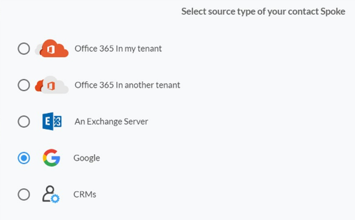 Sélectionnez le type de source de contacts pour le Spoke