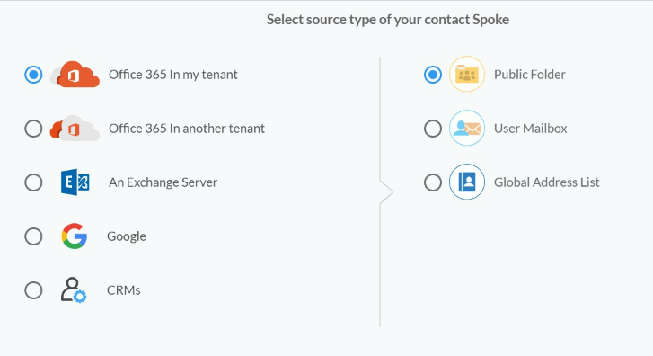 Select “Public Folder” as the source type for the contact spoke.