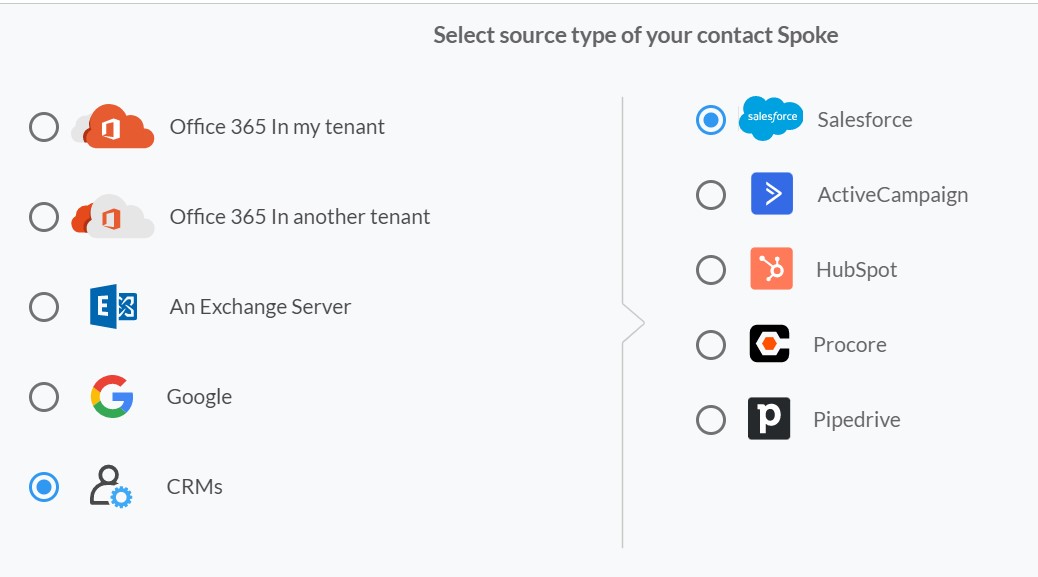 Sélectionnez « Salesforce » comme type de Spoke pour les contacts.
