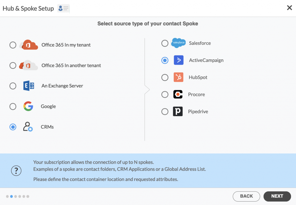 Elección de ActiveCampaign como fuente de su Conector de contactos