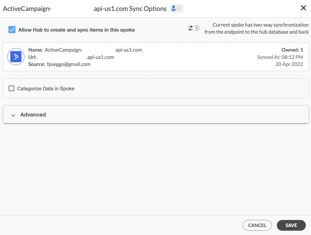 Modificación de las opciones de sincronización de ActiveCampaign