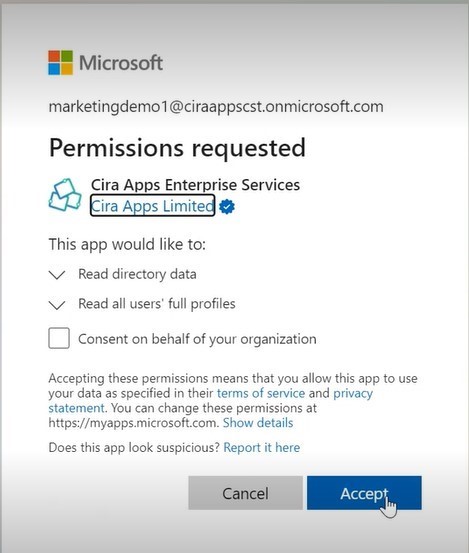 Donnez l'autorisation à CiraHub d'accéder à Microsoft