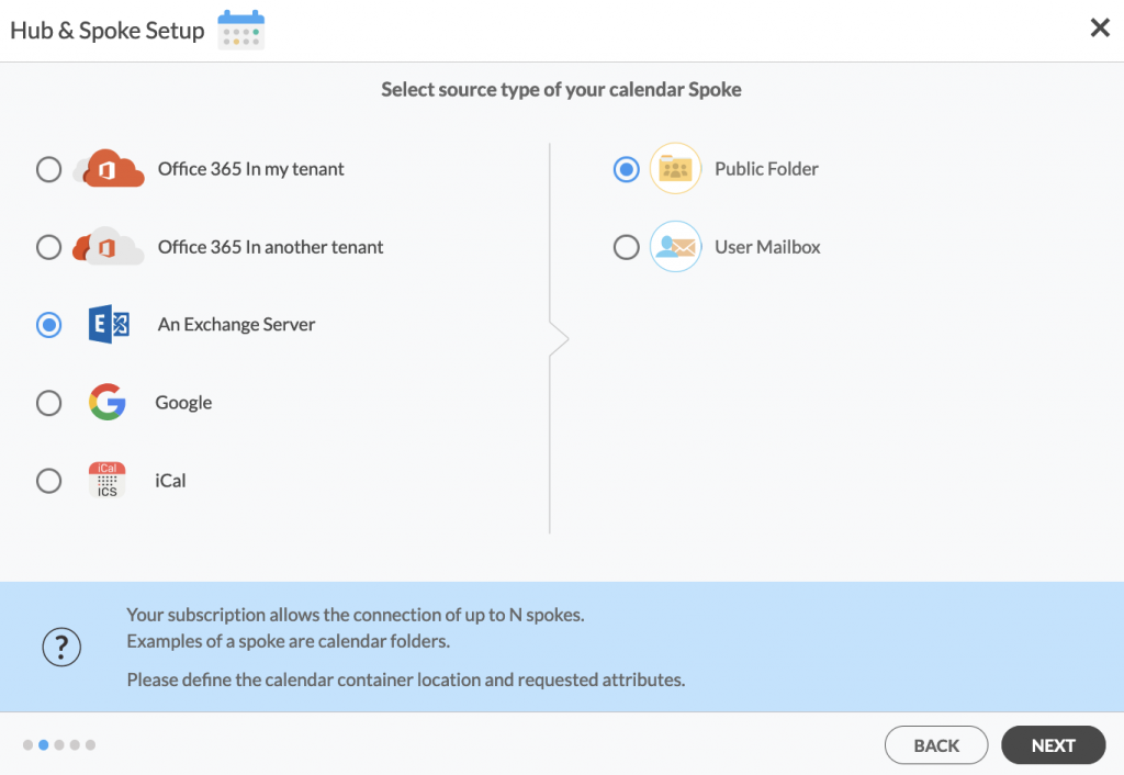 Sélection de la source du calendrier pour votre premier Spoke