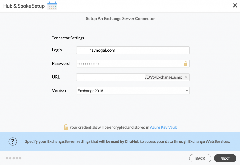Saisie des informations de connexion à Exchange Server
