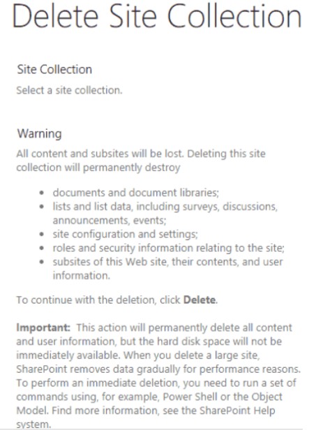 delete site collection