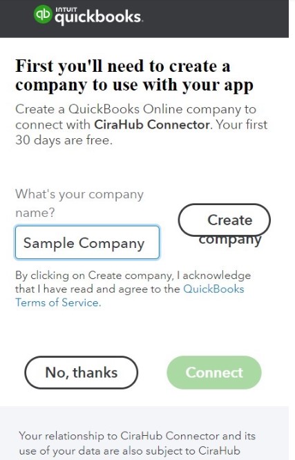 Haga clic en crear empresa para conectarse con el conector de CiraHub