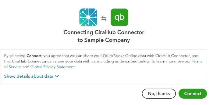 Click connect to share your Quickbooks data with CiraHub