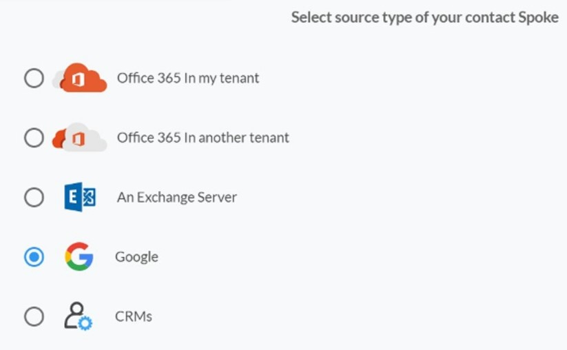 Seleccione Google como el tipo de fuente de su conector de contactos