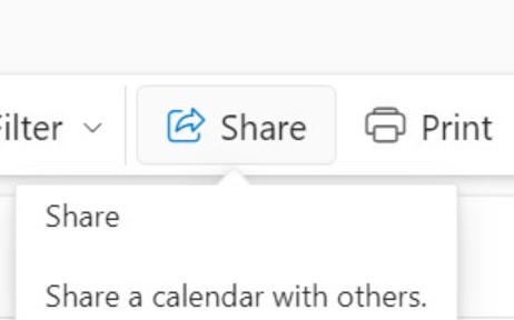 Click the share button to share your outlook calendar on desktop