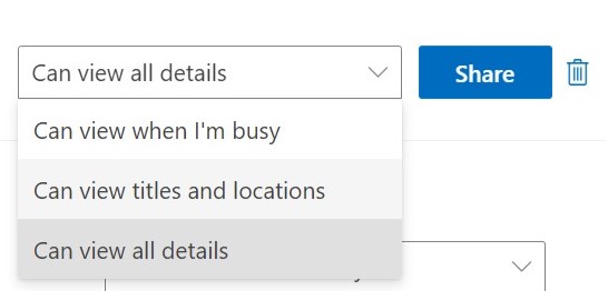 Select the level of permission to share an outlook calendar in outlook web