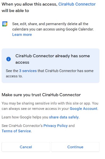 Haga clic en continuar para conectar su cuenta con el conector Cirahub