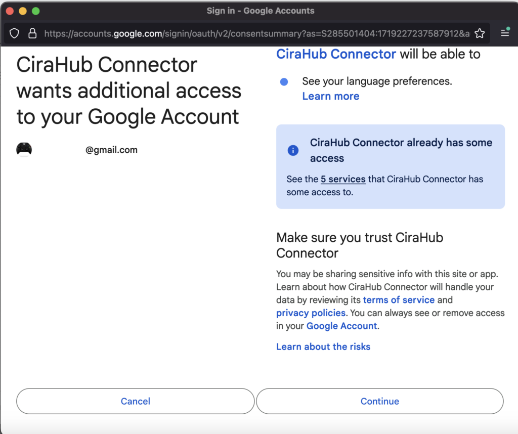 Grant CiraHub permission to access your Google account